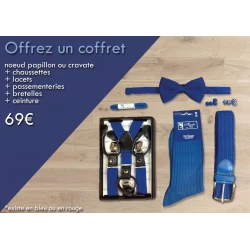 Pack cadeaux :  coffret chaussettes fil d'écosse, ceintures, lacets, nœud papillon ou cravates, passementeries assorties